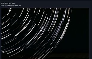 Finished star-trail stack from the built-in 12-frame synthetic sample session.