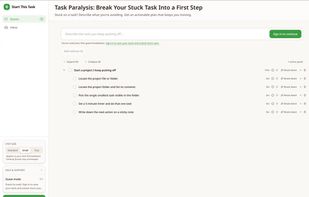 A real Start This Task workspace showing one stuck task broken into an actionable plan, with Small step size, per-step countdown timers, Focus Mode, and further breakdown controls.
