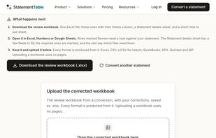 The Excel review workbook with its Check column. You correct the flagged rows, upload the workbook back at no extra cost, and the Excel, CSV, QBO, OFX, QFX and QIF exports are built from the file you approved.