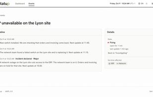 An incident page: a dated timeline of updates, its state, how long it has been open, how long ago its last update was posted, and the services it affects.