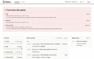 The dashboard: a banner shows what is disrupted, with the latest update of each incident, then the services, recent activity and planned maintenance.