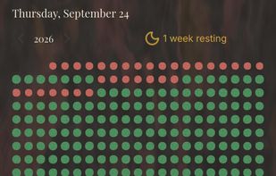 Dark theme on a phone. Weeks you reach your goal dry green.