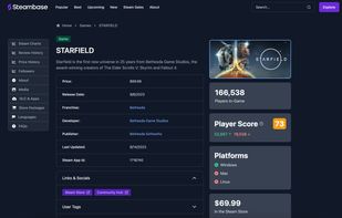 Starfield game stats and Steam store info