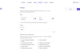 Stello includes public profile settings for the restaurant, including publication status, cart, menu name and mandatory public notices such as EU allergens, VAT, service and product information.