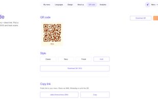 Restaurants can generate, style and download a printable QR code for the menu, then share the same public menu link by SMS, WhatsApp or print.