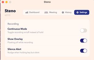 Settings panel with recording options (continuous mode, floating overlay, silence alerts), voice commands for hands-free punctuation, multi-language support, and voice isolation to filter background noise.