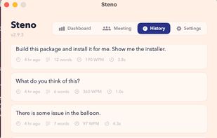 Full history of every dictation with word count, WPM speed, and transcription time. Copy any past entry with one click.