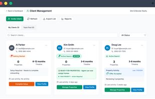 The Client Management page provides a structured view of active buyers under contract. It stores contact details, preferences, and status updates, enabling agents to track each client’s journey through the buying process. By consolidating buyer information in one location, agents can deliver more organized and consistent service.