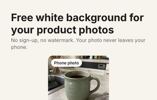 Free white background tool: a phone photo of a mug (top) and the real result (bottom) – background removed in the browser, product centred on pure white. No sign-up, no watermark.