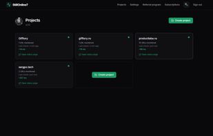 Projects dashboard: multiple apps and sites in one account. Each project shows live status and response time at a glance.
