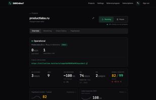 Project overview: operational status, uptime %, response time graph, and check history. Public status page is created automatically for each project.