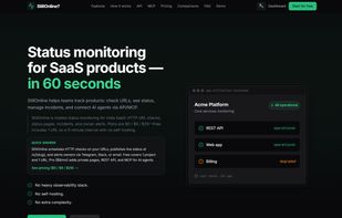 Landing page: status monitoring for SaaS and AI agents in minutes. Live demo widget shows operational, degraded, and down states.