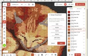 A complete editor: remapping the entire pattern palette to another thread brand. Showing other tools too: brush tool is active (complete partial stitches support), backstitches, confetti removal, text tool