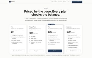 Priced by the page, not per statement. Free to start, a $19 one-time pack of 100 pages that never expire, or monthly plans from $29. Every plan includes all export formats and the balance check.
