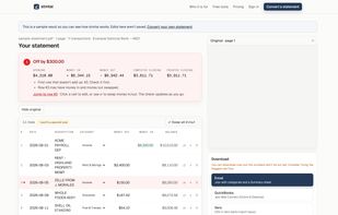 The balance check in action: this statement is off by $300, and stmtai flags the exact row (a $150 deposit read as money out) instead of handing you a wrong spreadsheet. One click fixes it and the verdict turns green.
