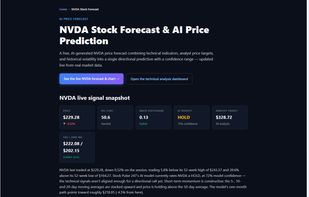  the NVDA forecast page with a live signal snapshot (price, RSI, MACD, AI verdict, analyst target)