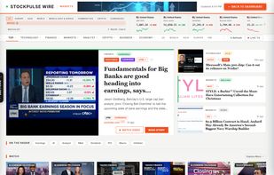 the StockPulse Wire news hub, with index tickers, a featured story and the video row.