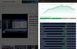 a JPM article drawer with the 3-month chart, the Target 372 line, the Buy/Hold consensus bar and the analyst ratings list.