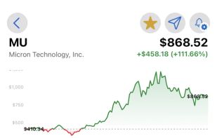 The stock detail screen: a six-month chart, P/E and forward P/E, a peer comparison, an analyst recommendation gauge, and a price forecast with high, average and low targets.
