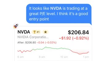 A group thread: typing $NVDA renders a live card inline with price, day change and a chart, and Max answers a question about it without leaving the conversation.