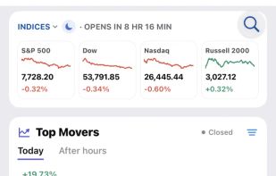The Markets tab: S&P 500, Dow, Nasdaq and Russell 2000, a top movers chart, headlines tagged to the tickers they cover, and upcoming earnings.
