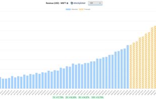 Stockpicker provides easy to read bar charts of each metric with past values and analyst estimates. Revenue chart