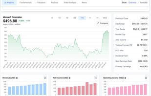Stockpicker provides price chart with comparison, Key statistic table and separate chart with all the important metrics