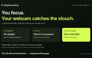 Illustration of the posture-reminder workflow: calibrate, slouch on purpose, and get nudged.
