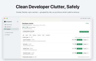 Dev Cleanup groups Xcode DerivedData, npm, SwiftPM and Homebrew caches by risk and shows their size.