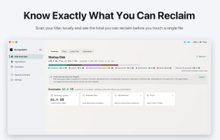 Disk Overview after a scan: free space, usage by category, and how much space you can reclaim.