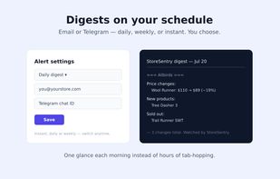 Digests on your schedule — email or Telegram, daily, weekly or instant.