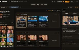 The storyboard: frames with captions, dialogue and camera details, with the scene rail and library