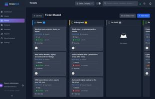 Kanban ticket board with live SLA countdowns — on track vs overdue at a glance.