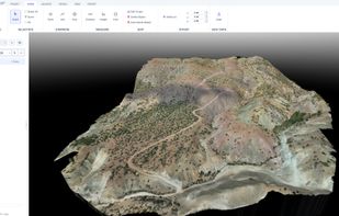 Drone orthophoto draped over a multi-gigabyte terrain model in 3D, with the layer list and terrain scenarios on the left.