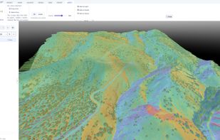 Aspect analysis coloured by slope direction, computed at full resolution and shown as a live overlay on the 3D terrain.