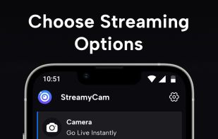 The StreamyCam app interface shows options to stream via camera or screen using RTMP, SRT, and RTSP protocols.