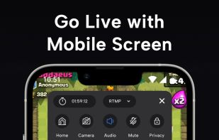 Mobile game live streaming app interface showing real-time RTMP controls, audio/camera toggles, privacy settings, and an on-screen facecam overlay.