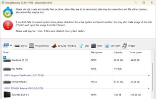 StrongRecovery main interface: Drive selection and file system analysis. Supports NTFS, FAT32, exFAT, and UDF on HDD, SSD, USB drives, and SD cards.