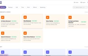 The StudioWavePro homepage — 42 studio tools in one searchable workspace, organized by Edit, Time, Pitch, Effects and Mastering.