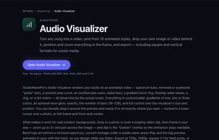 Every tool has its own landing page with a full guide — here, the Audio Visualizer, which turns audio into an animated video with custom backgrounds.