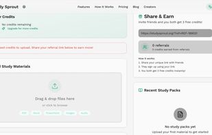 “A simple student dashboard to manage credits, upload study materials, and earn free credits through referral rewards.”