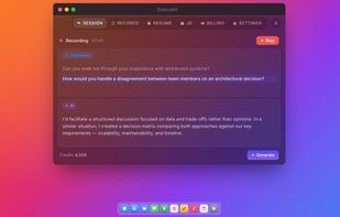 Live interview workflow showing real-time transcription, AI-generated answers, and a distraction-free desktop experience optimized for job interviews.