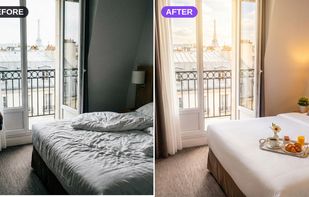 Before / after: a hotel room with Eiffel Tower view, enhanced by AI in seconds