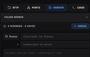 Folder mirror — two-way sync, excludes, per-mirror conflict resolution, soft delete to .submarine-trash/