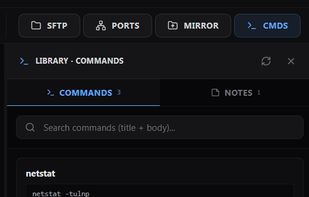 Quick commands & notes — per-server snippet library and a Notes tab for runbook / contacts