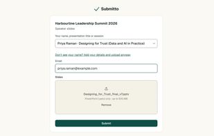 The upload page: speakers pick their name, type their email and attach their slides. No account.