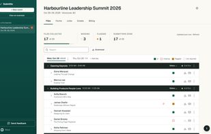 The Files tab: what each speaker has sent and what is still missing, by day and session.
