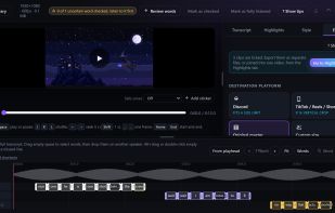 The editor: captions timed word by word on the clip, with each speaker on their own track and export options for TikTok, Shorts, Reels and Discord.