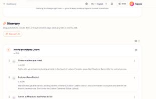 Full day-by-day itinerary generated in under 2 minutes. Shareable and editable in real time by everyone in the group.