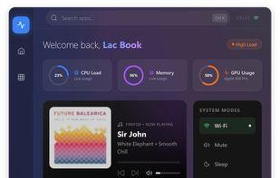 Advanced dashboard with system stats, media controls, and productivity widgets.